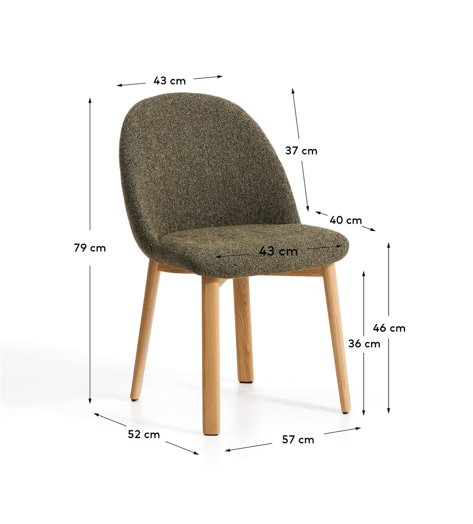 Meila chair in green chenille with legs in solid ash wood with natural finish