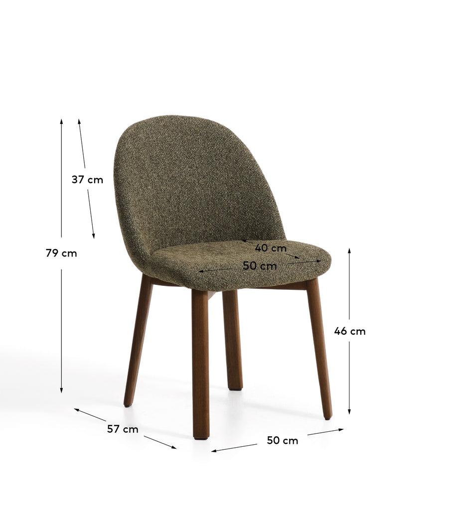 Meila flame-retardant chair in green chenille with legs in solid ash wood with walnut finish