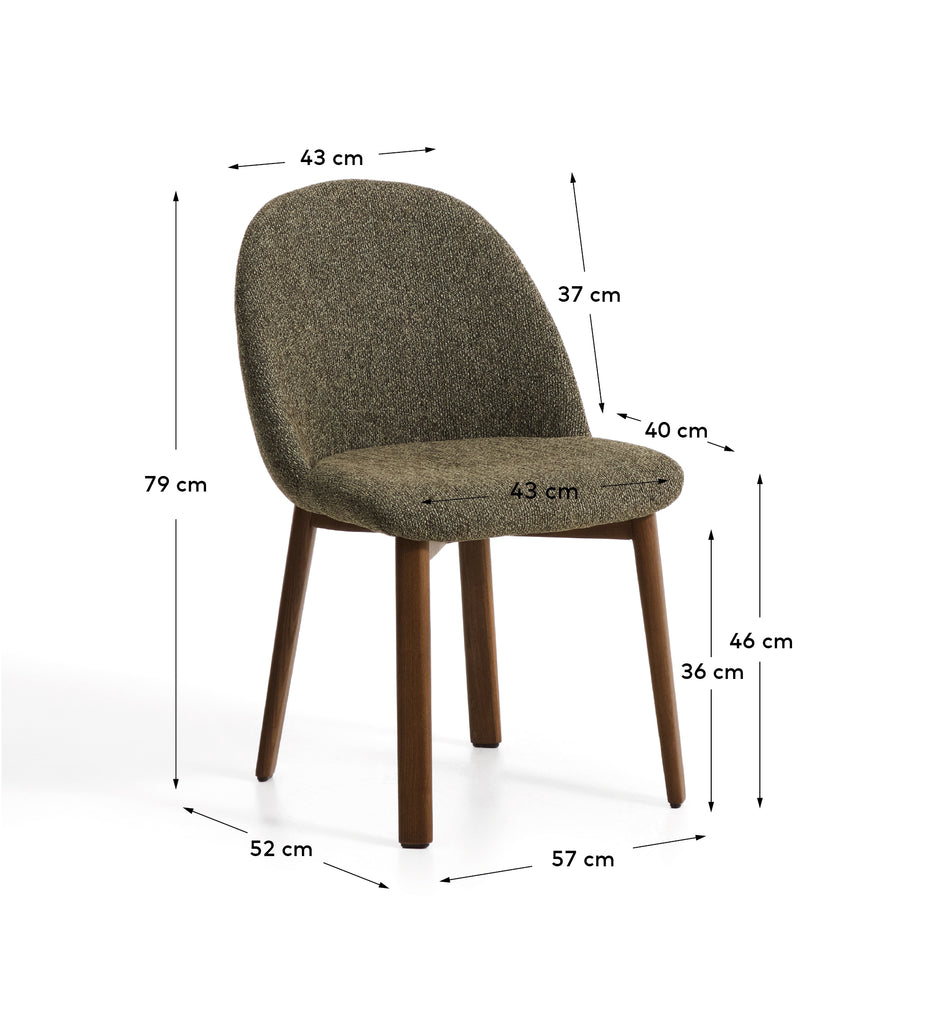 Meila chair in green chenille with legs in solid ash wood with walnut finish