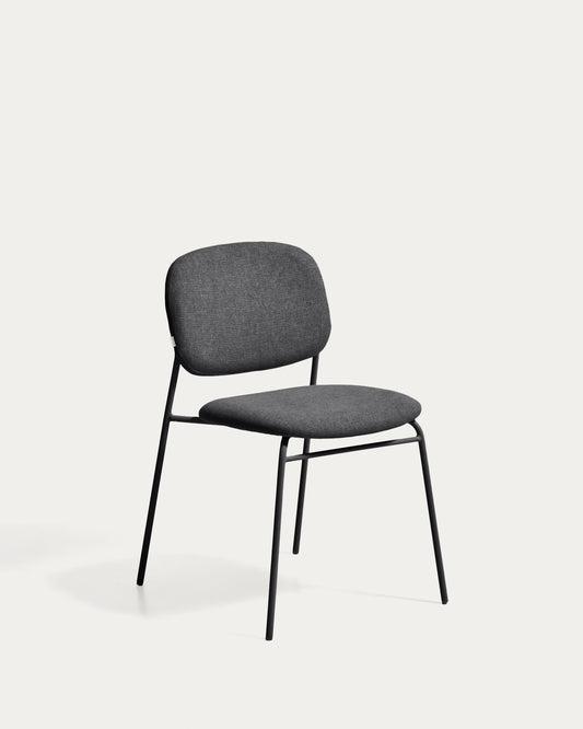 Meli stackable chair in grey chenille with grey metal legs FSC Mix Credit