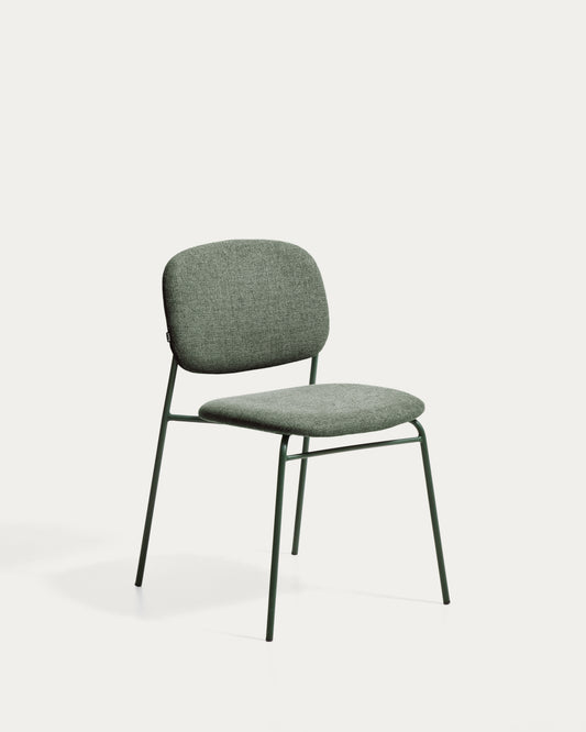 Meli stackable chair in green chenille with green metal legs FSC Mix Credit