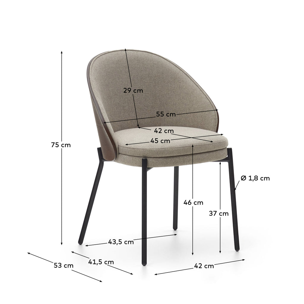 Eamy chair light brown chenille and ash wood veneer with a wenge finish and black metal