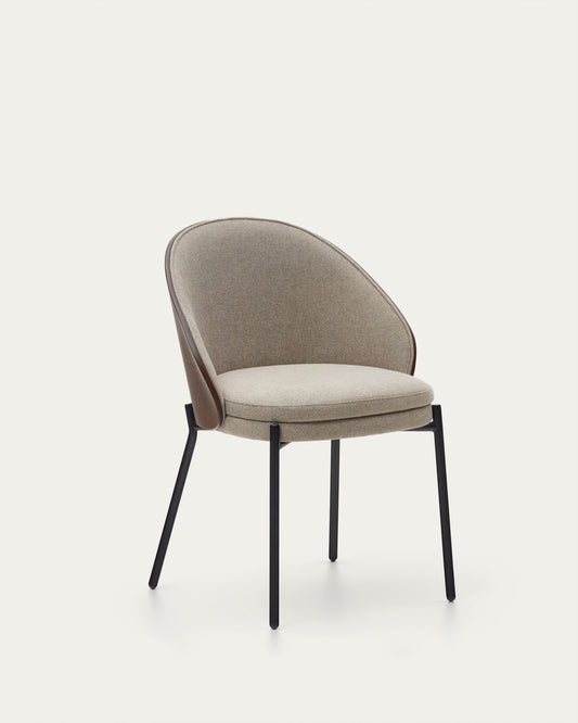 Eamy chair in light brown chenille with ash veneer in walnut finish and black metal