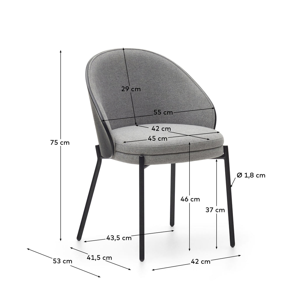 Eamy chair light grey chenilla and ash wood veneer with a black finish and black metal