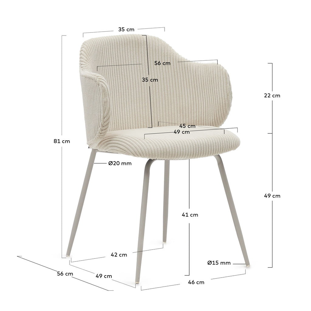 Yunia chair in beige wide seam corduroy with steel legs in a powder coated beige finish FSC 100%