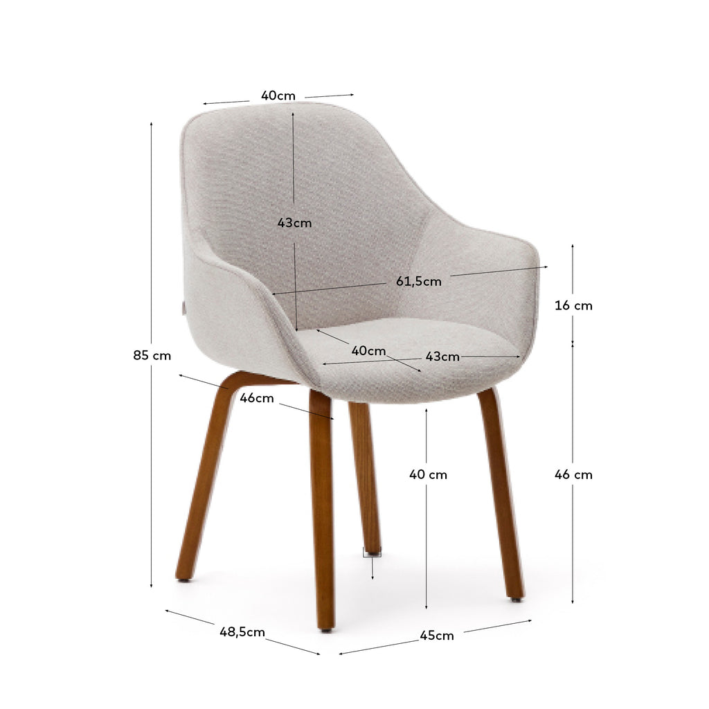 Aleli beige chenille chair with solid ash wood legs and walnut finish