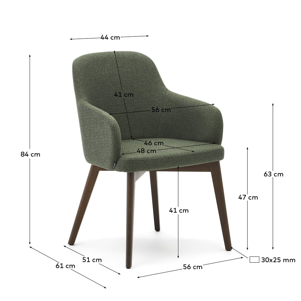 Nelida chair in green chenille and solid beech wood in a walnut finish FSC 100%