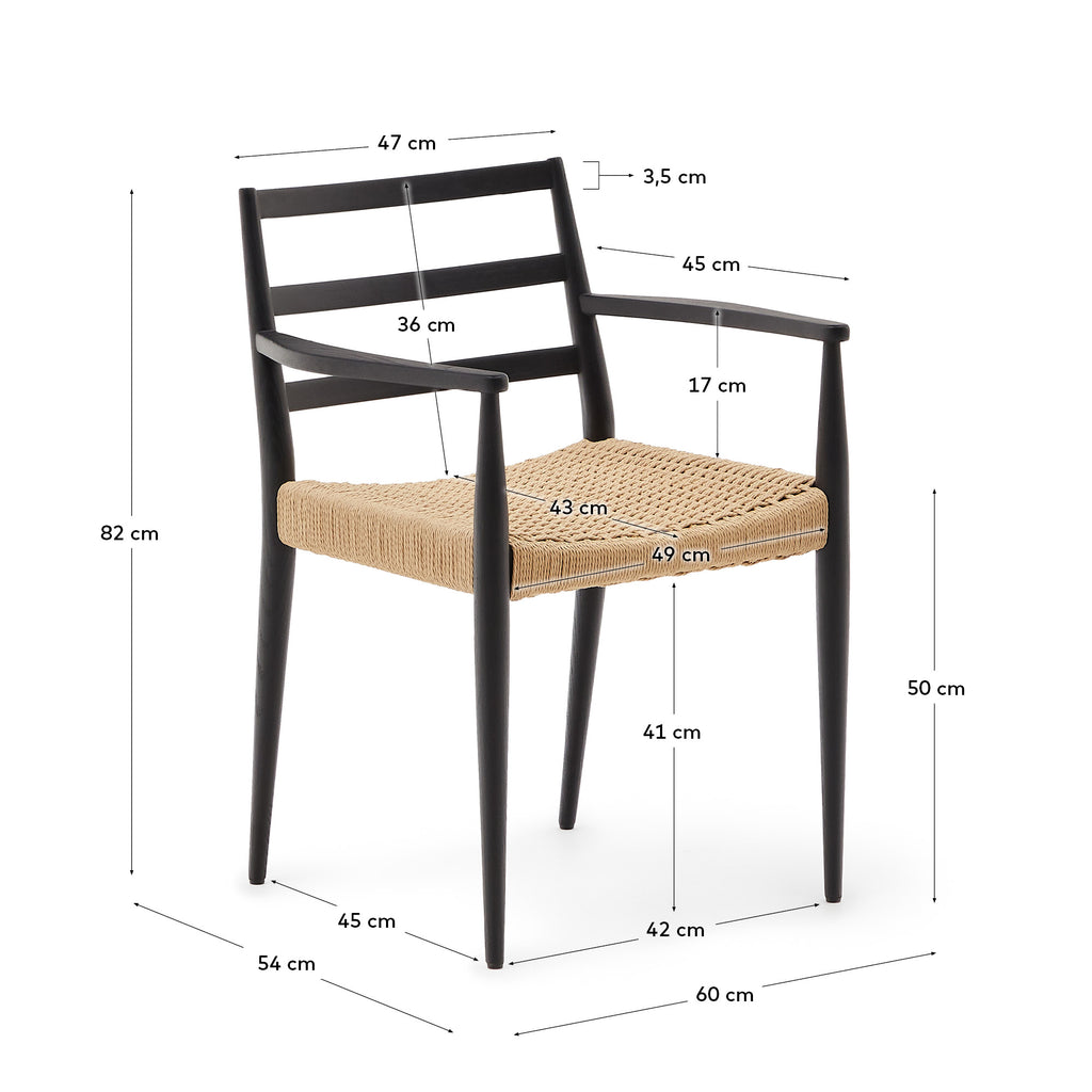 Analy chair with armrests in solid oak wood in a black finish and rope cord seat FSC 100%