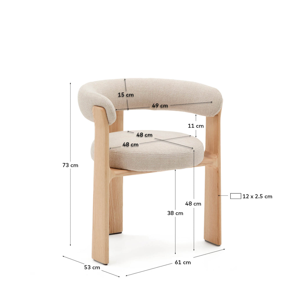 Granite 3-legged chair in beige chenille and solid ash wood in a natural finish FSC 100%