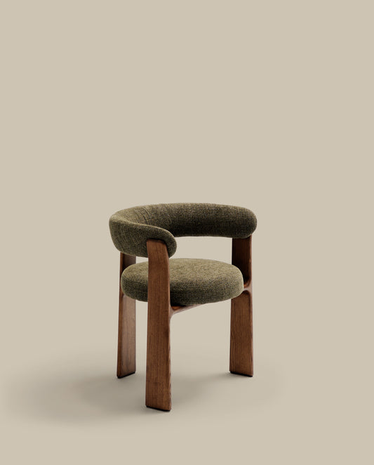 Granite 3-legged chair in green chenille and with solid ash wood in a walnut finish FSC 100%