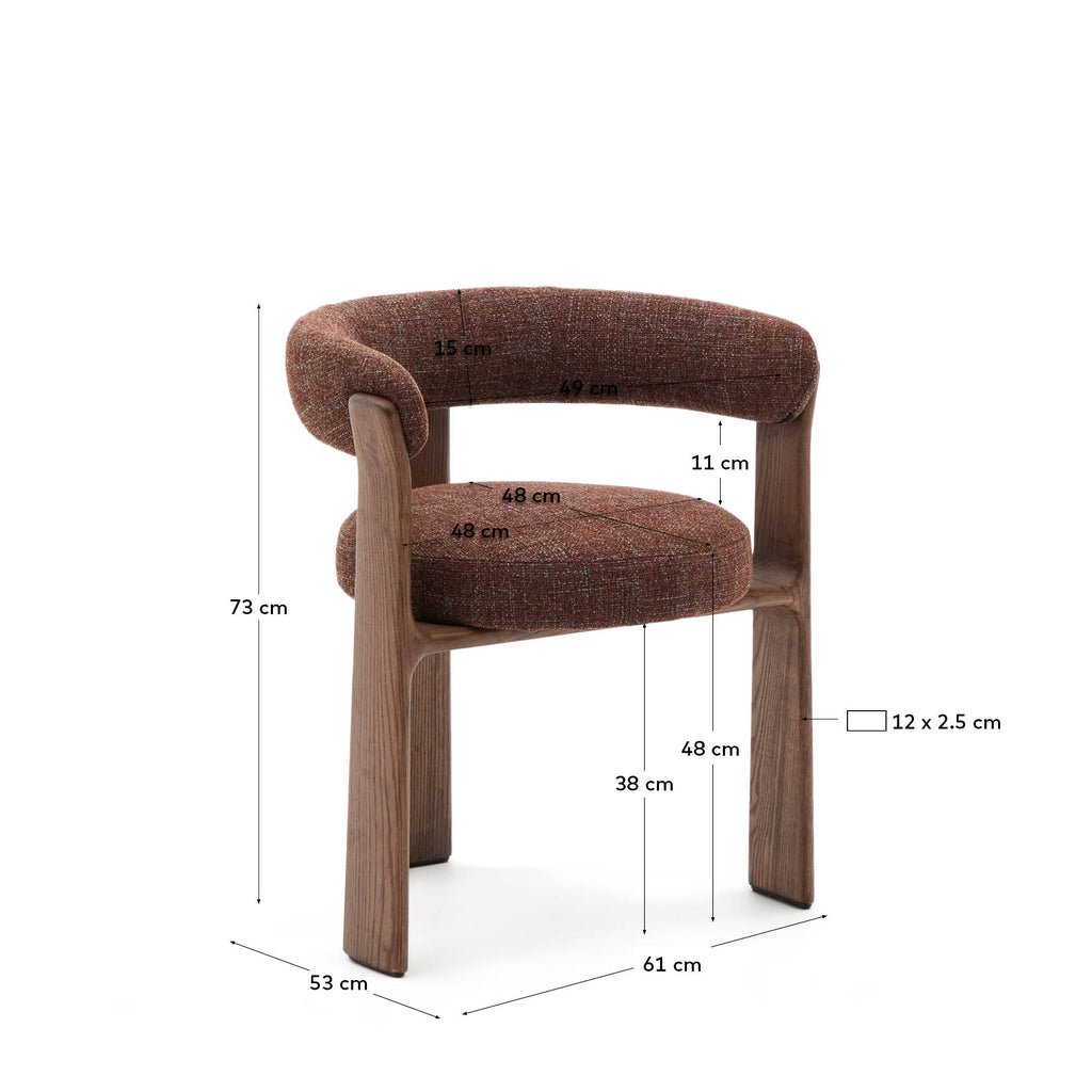 Granite 3-legged chair in brown chenille and with solid ash wood in a walnut finish FSC 100%
