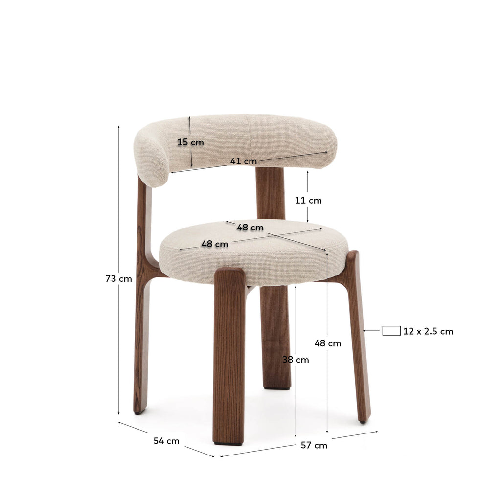 Granite fire-retardant chair in beige chenille and solid ash wood with walnut-coloured finish FSC 100%