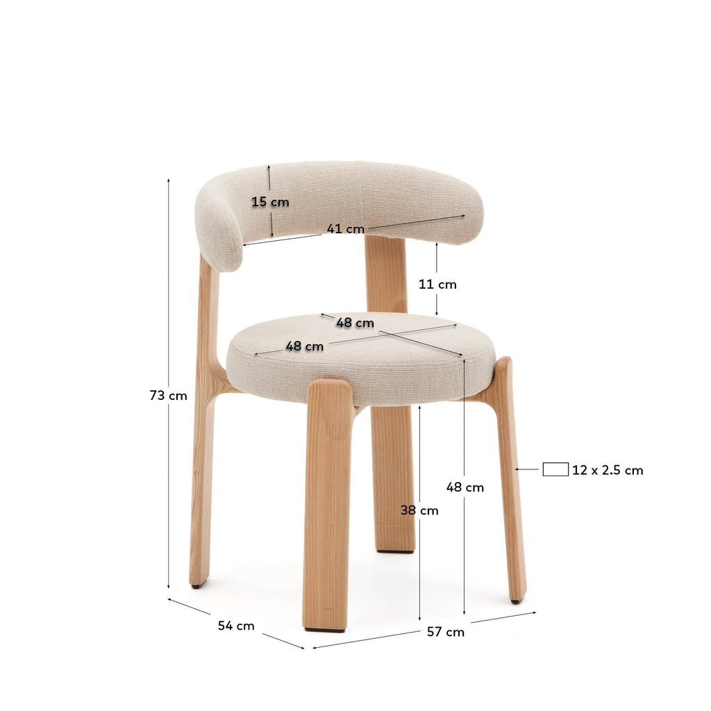 Granite fire-retardant chair in beige chenille and solid ash wood with natural-coloured finish FSC 100%