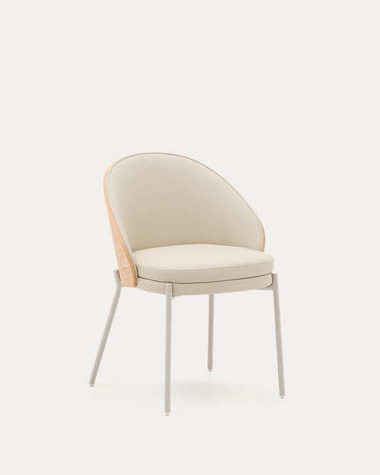 Eamy chair in beige polyurethane, ash veneer with natural finish and beige metal