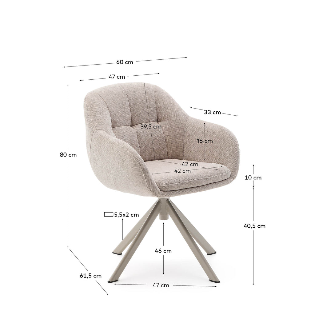 Dorina swivel chair in beige chenille and steel legs in a beige finish