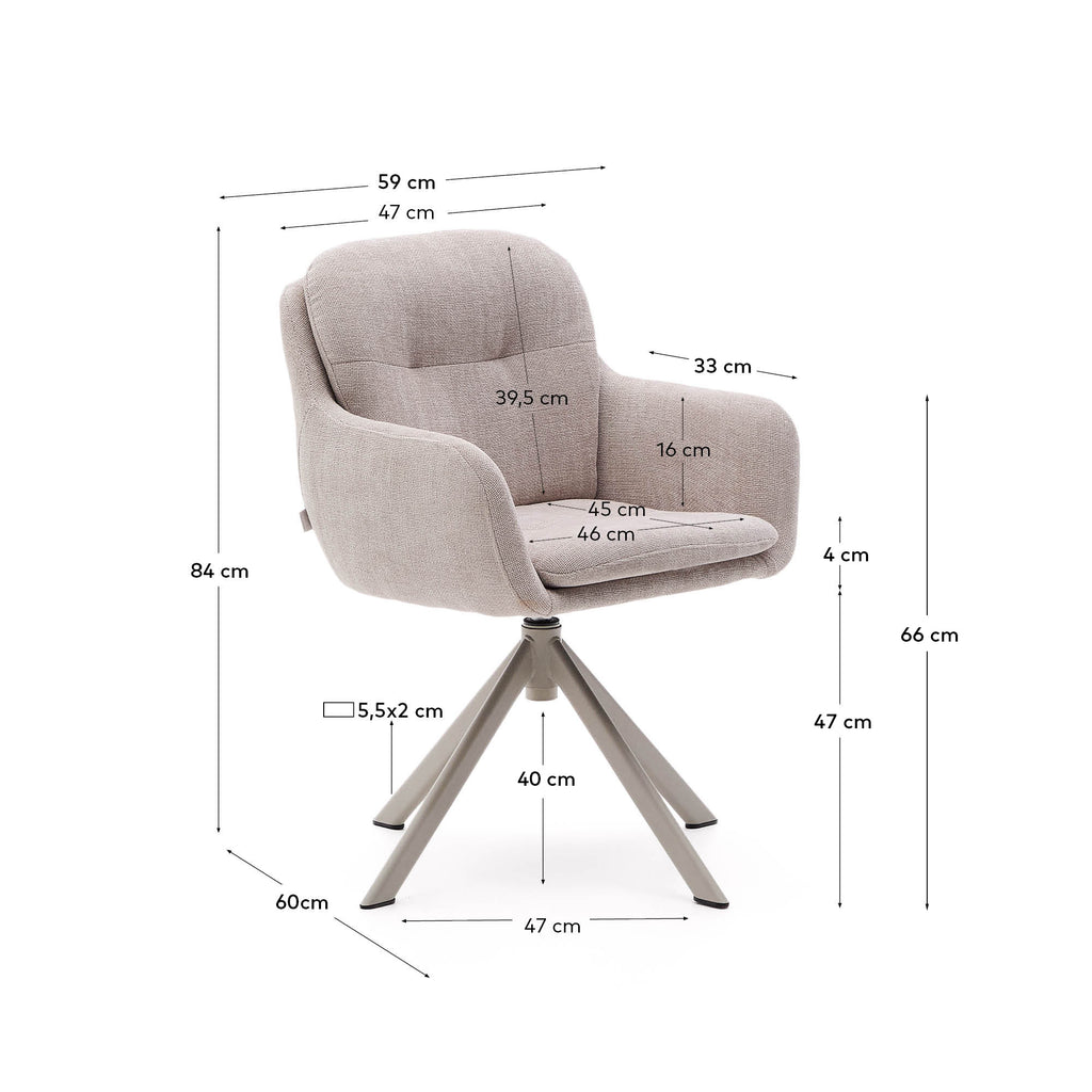 Lexa swivel chair in beige chenille and steel legs in a beige finish
