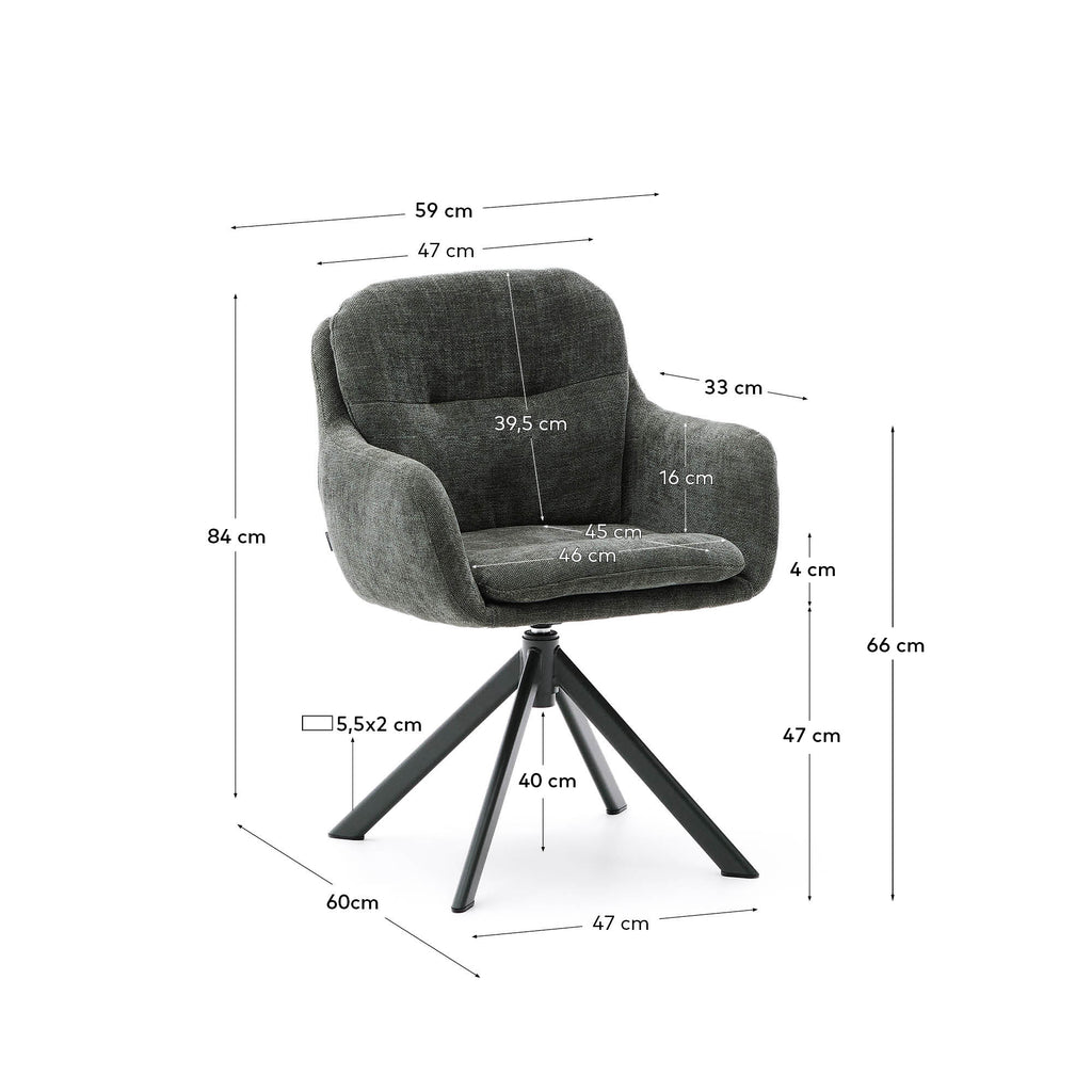 Lexa swivel chair in green chenille and steel legs in a green finish