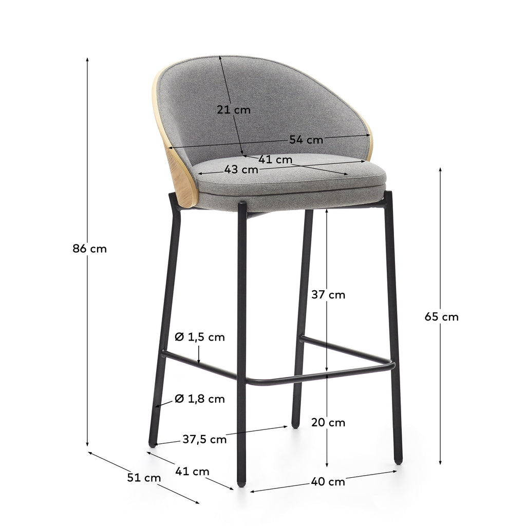 Eamy stool  light grey chenille and ash wood veneer with a natural finish and black metal, 65 cm