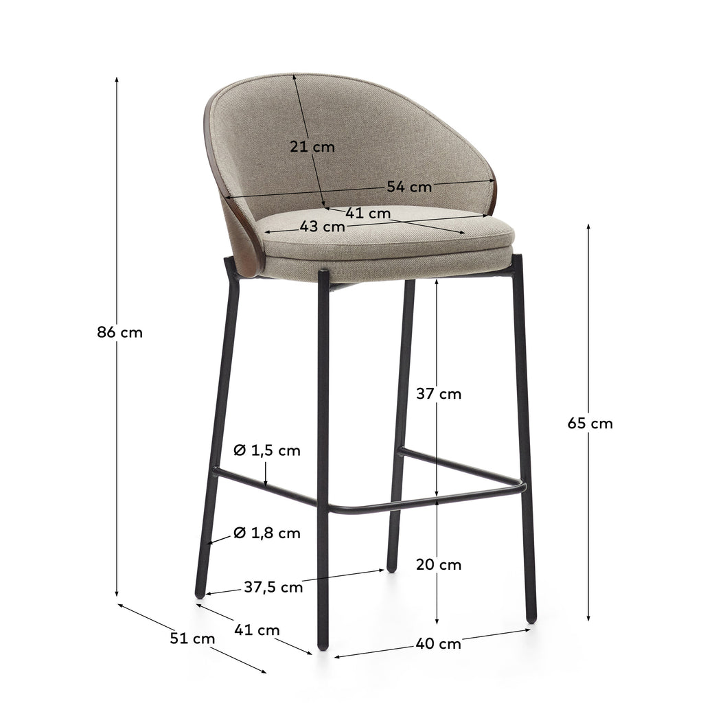 Eamy stool light brown chenille and ash wood veneer with a wenge finish and black metal, 65 cm