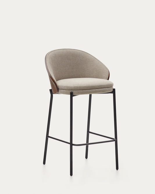 Eamy stool in light brown chenille with ash veneer in walnut finish and black metal 65 cm