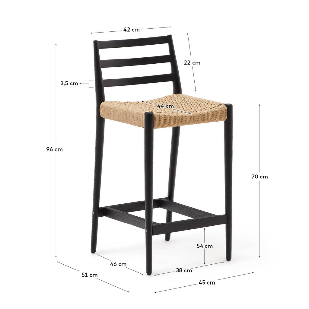 Analy stool with a backrest in solid oak wood in a black finish and rope cord seat, 70 cm, FSC 100%
