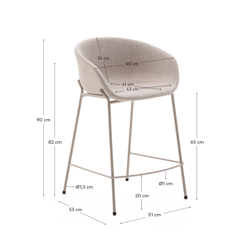 Yvette stool in beige chenille and steel legs in a beige finish, 65 cm high