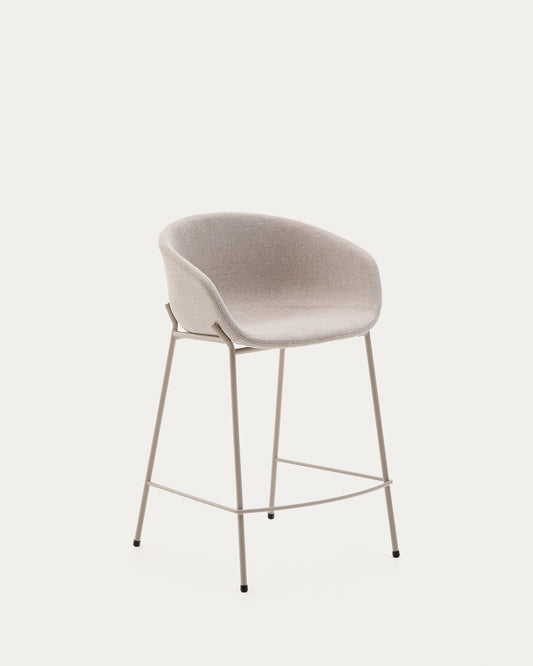 Yvette stool in beige chenille and steel legs in a beige finish, 65 cm high