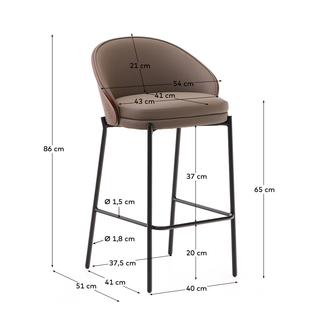 Eamy stool in brown faux leather, ash veneer, walnut finish and black metal 65 cm