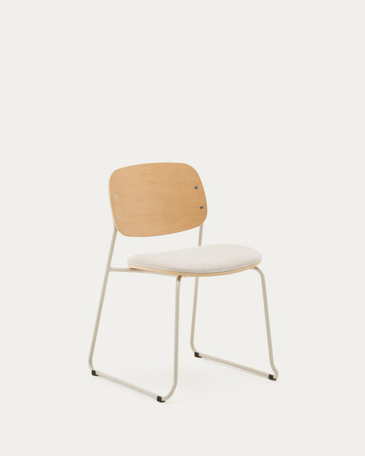 Meli stackable chair in poplar plywood with beige chenille seat and beige metal legs FSC Mix Credit