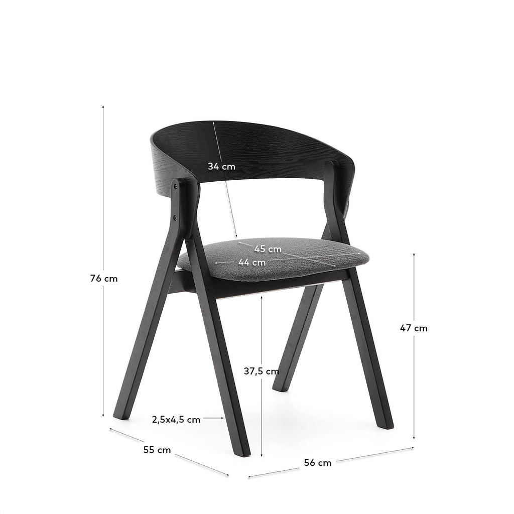 Godia chair in ash veneer with a black finish and grey chenille