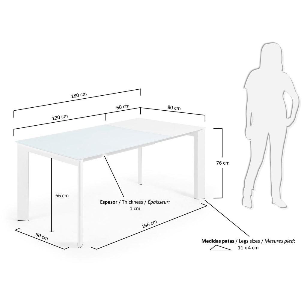 Axis white glass extendable table with white steel legs 120 (180) cm