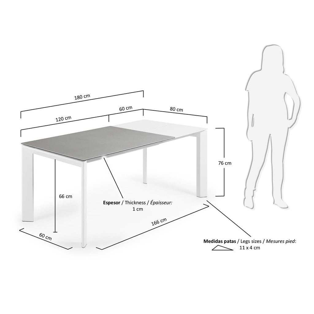 Axis extendable ceramic table with Hydra Plomo finish and white steel legs 120 (180) cm