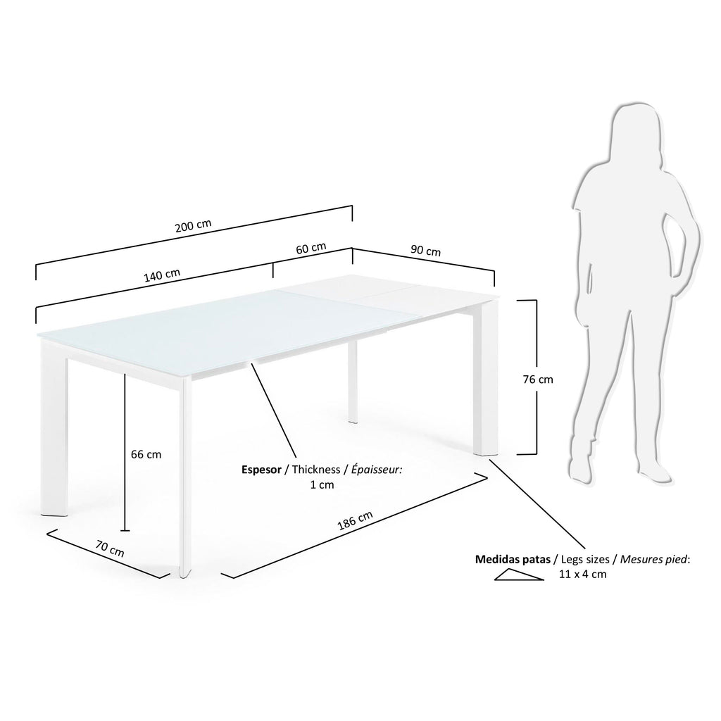 Axis white glass extendable table with white steel legs 140 (200) cm