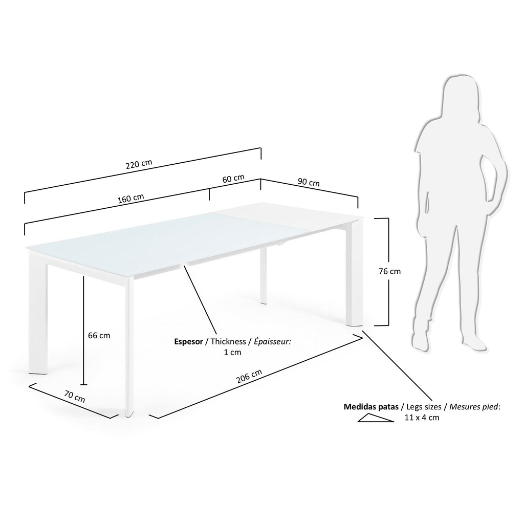 Axis white glass extendable table with white steel legs 160 (220) cm