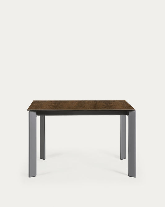 Axis extendable porcelain table with Iron Corten finish and dark grey legs, 120 (180) cm