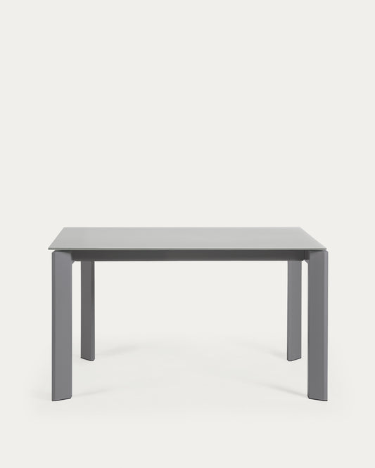 Axis extendable table in grey glass with steel legs in a dark grey finish, 140 (200) cm