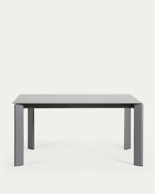 Axis extendable table in grey glass with steel legs in a dark grey finish, 160 (220) cm