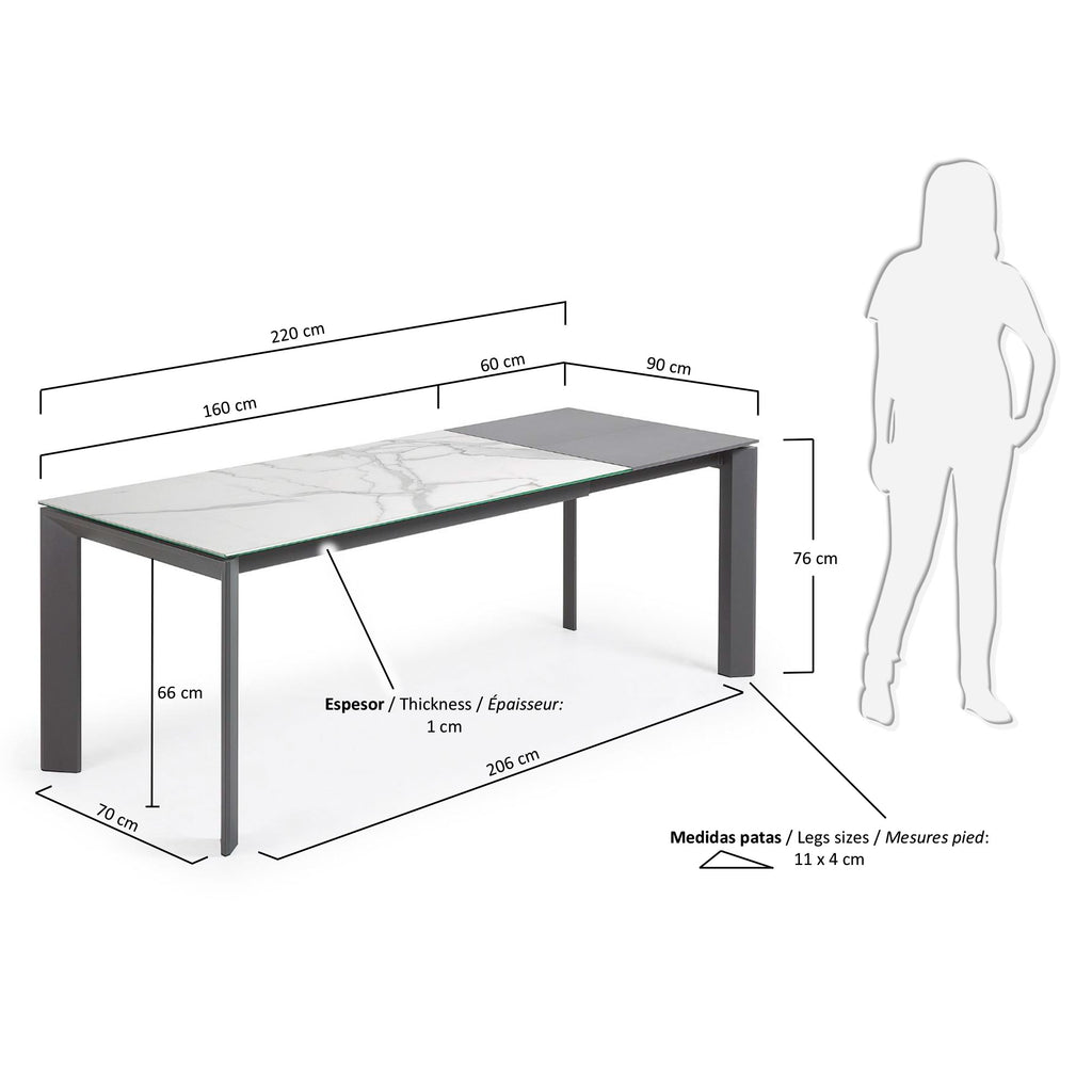 Axis porcelain extendable table in White Kalos finish with anthracite legs 160 (220) cm
