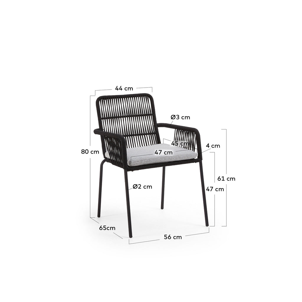 Samanta stackable chair made from black cord and galvanised steel legs.