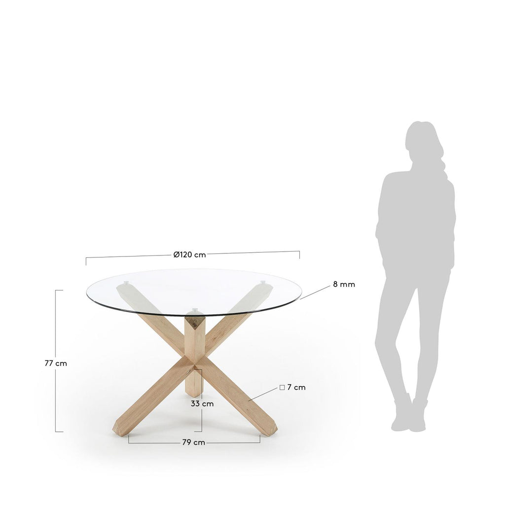 Lotus round glass table with solid oak legs, Ø 120 cm