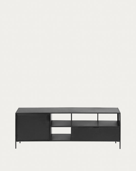 Shantay metal TV stand in a painted black finish with 1 door and drawer, 150 x 50 cm