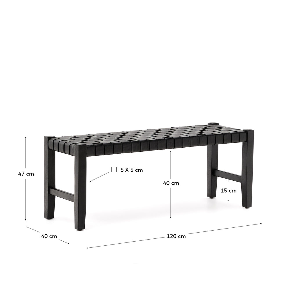 Calixta bench in leather and solid mahogany wood with black finish 120 cm
