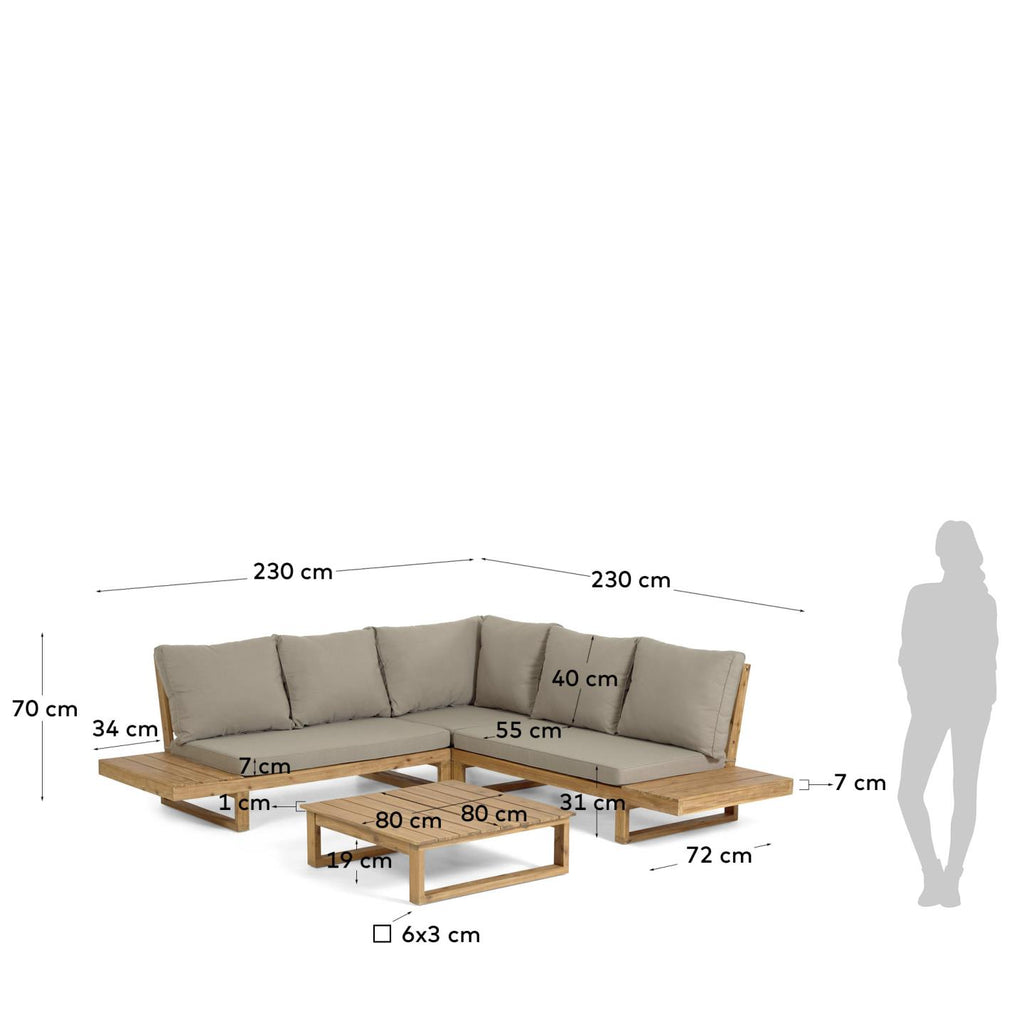 Flaviina 5 seater solid acacia wood corner sofa set with table