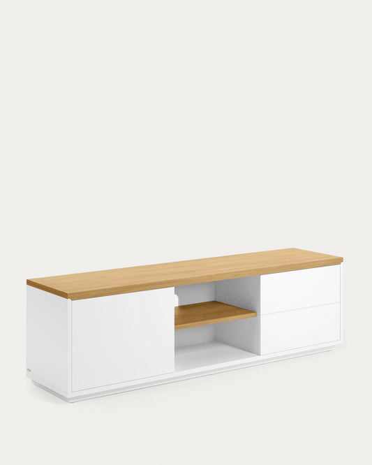 Abilen oak wood veneer TV stand with 1 door & 2 drawers in white lacquer, 150 x 44 cm FSC 100%