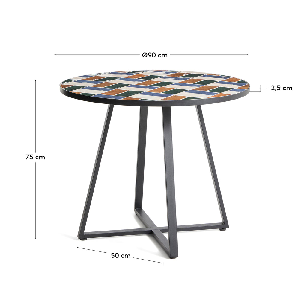 Tella round table in graphite galvanised steel with multicoloured tiles Ø90 cm