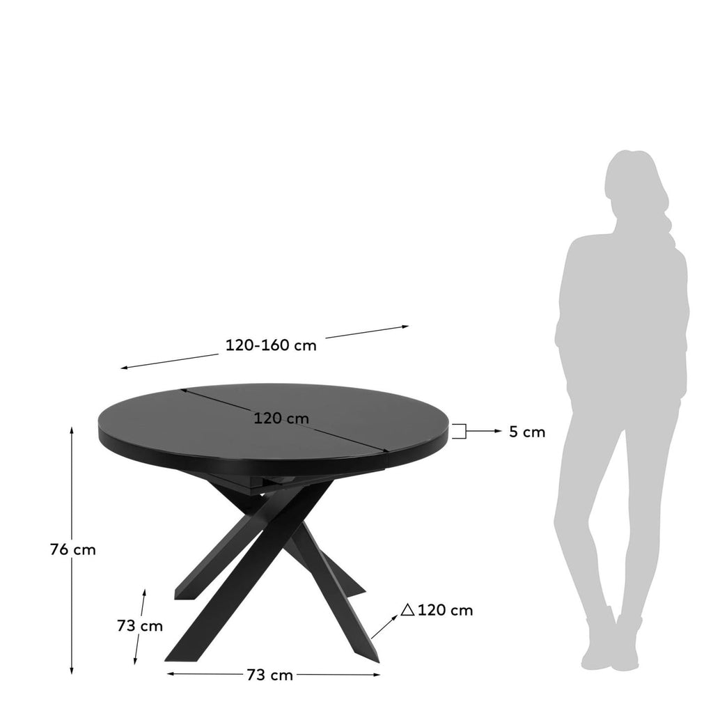 Vashti extendable round glass table with steel legs with black finish Ø 120 (160) cm