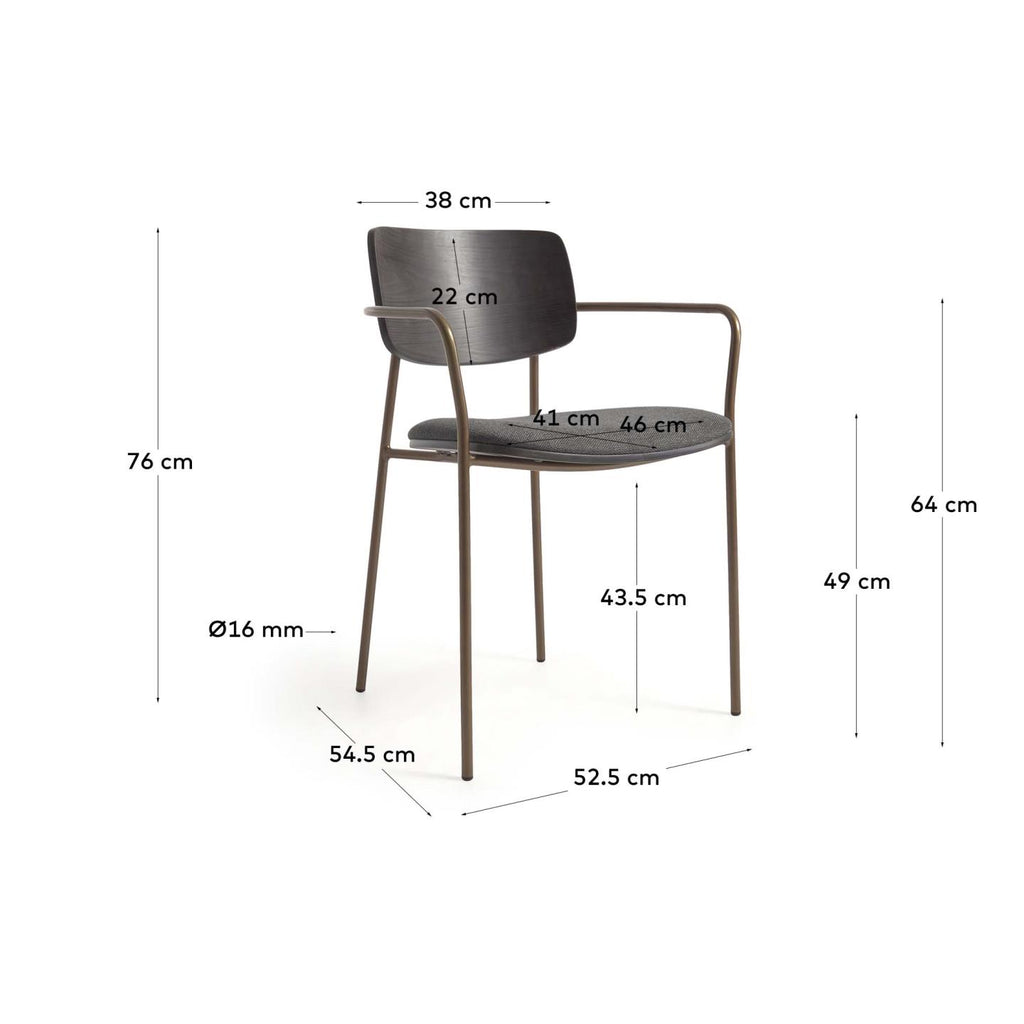 Maureen stackable chair in poplar plywood with dark tone finish and brass-finish metal, 100% FSC