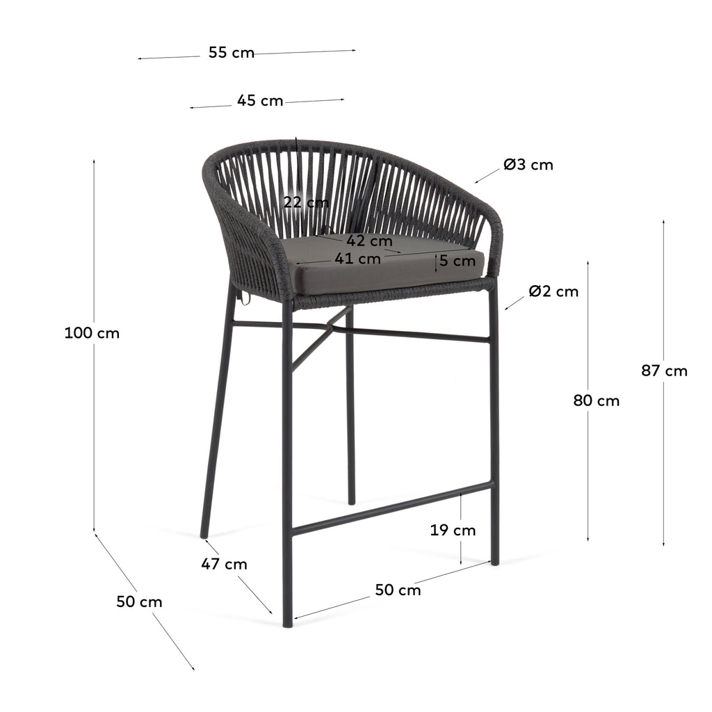 Yanet stool made from black cord and galvanised steel, height 80 cm