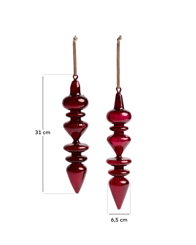 Lioren set of 2 red recycled glass hanging ornaments 31 cm