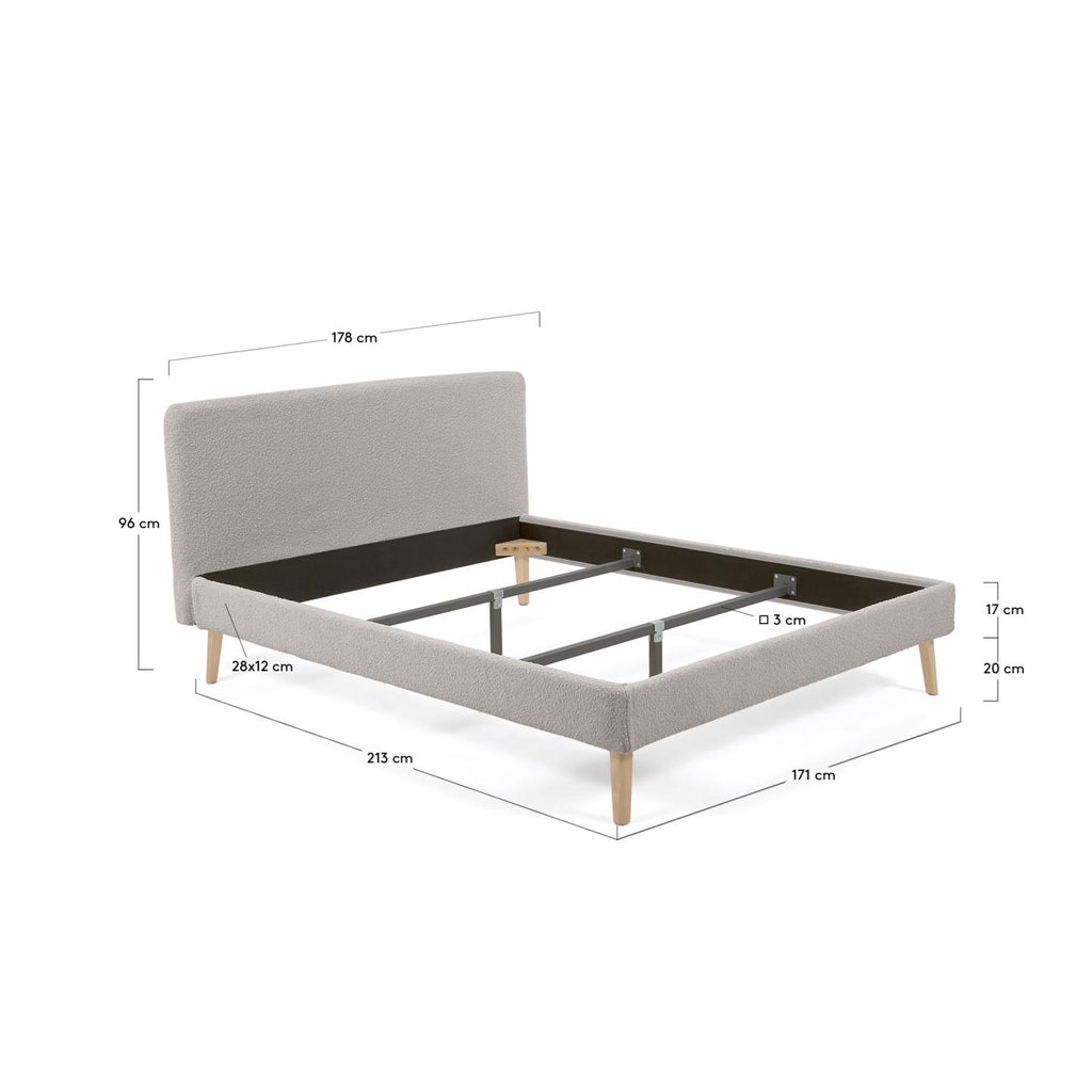 Dyla bed in light grey bouclé, with solid beech wood legs for a 160 x 200 cm mattress